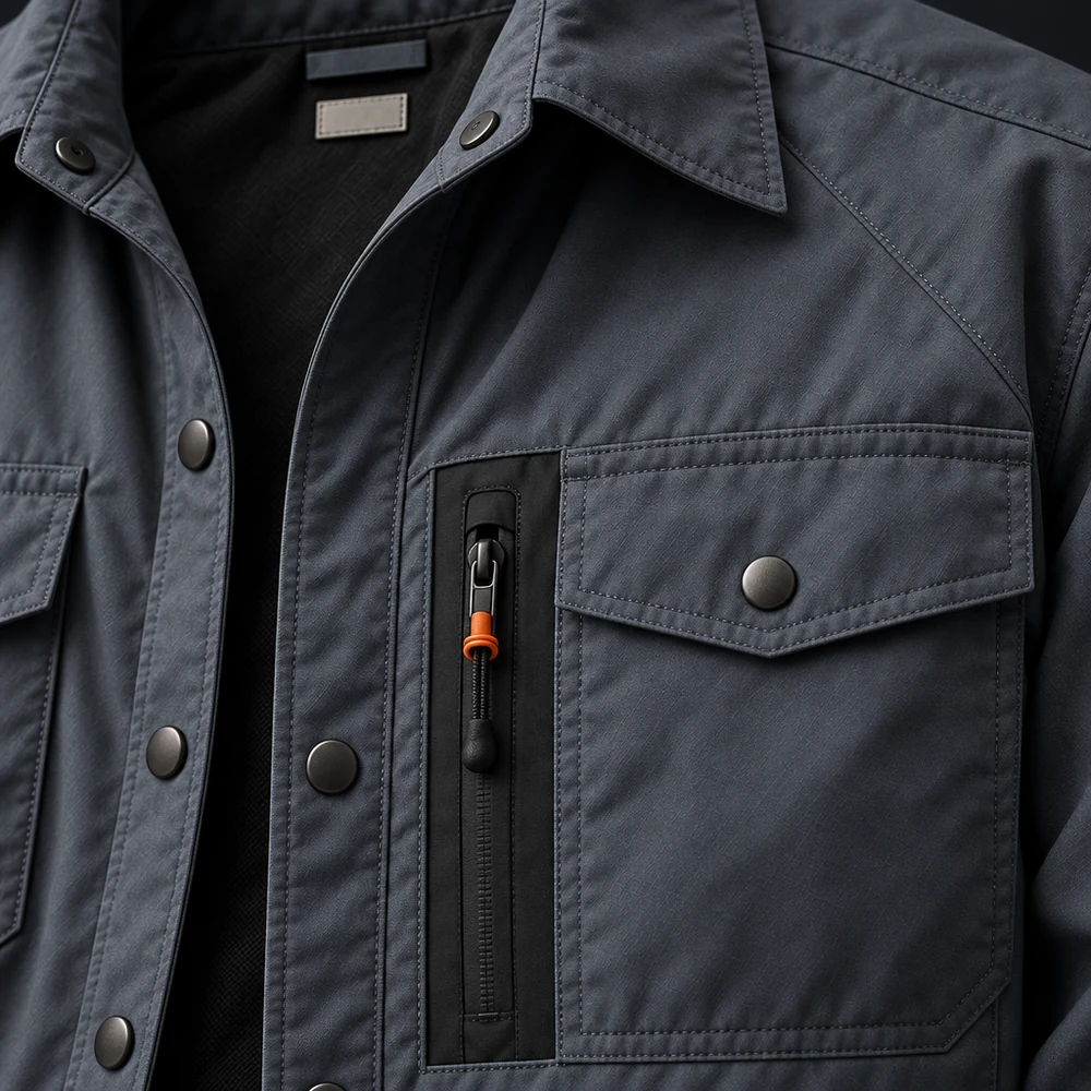 Close-up of the Atlas Overshirt chest with a hidden zip pocket, EARTH concept render