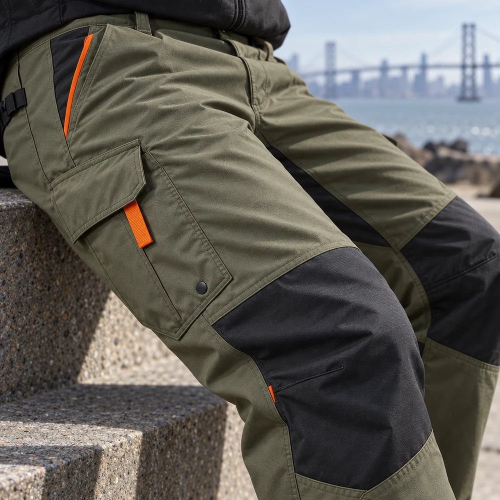 Close-up of the Axis Pant with reinforced knees, worn while leaning on stone steps, EARTH concept render