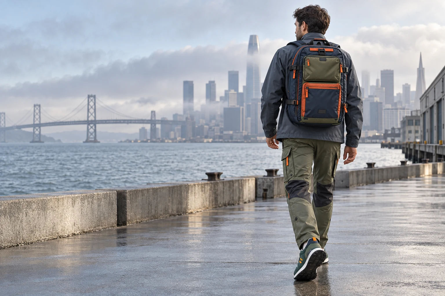 Person wearing FIELD // LAB concept gear on the San Francisco waterfront, EARTH environment