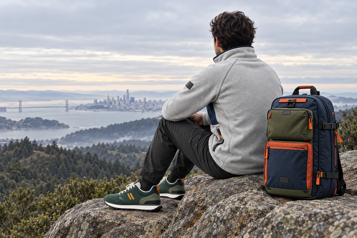 Person in the Vector Fleece resting on an overlook beside the Command Pack, EARTH / URBAN concept illustration