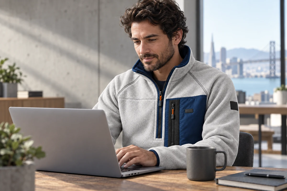 Person in the Vector Fleece working on a laptop, EARTH / URBAN concept illustration
