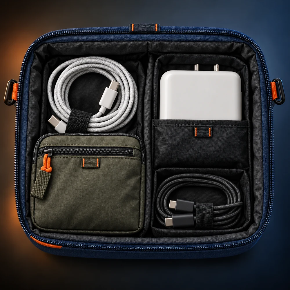 Open Nexus Organizer pouch holding coiled cables and a charger, EARTH concept render