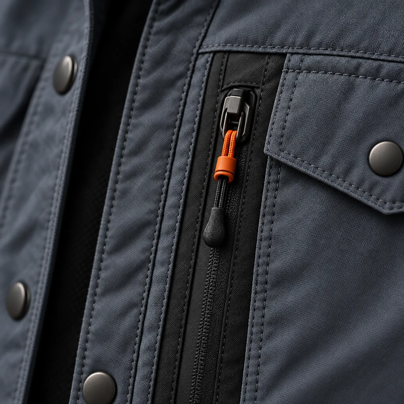 Concept close-up of an overshirt placket with snaps and a hidden zip pocket