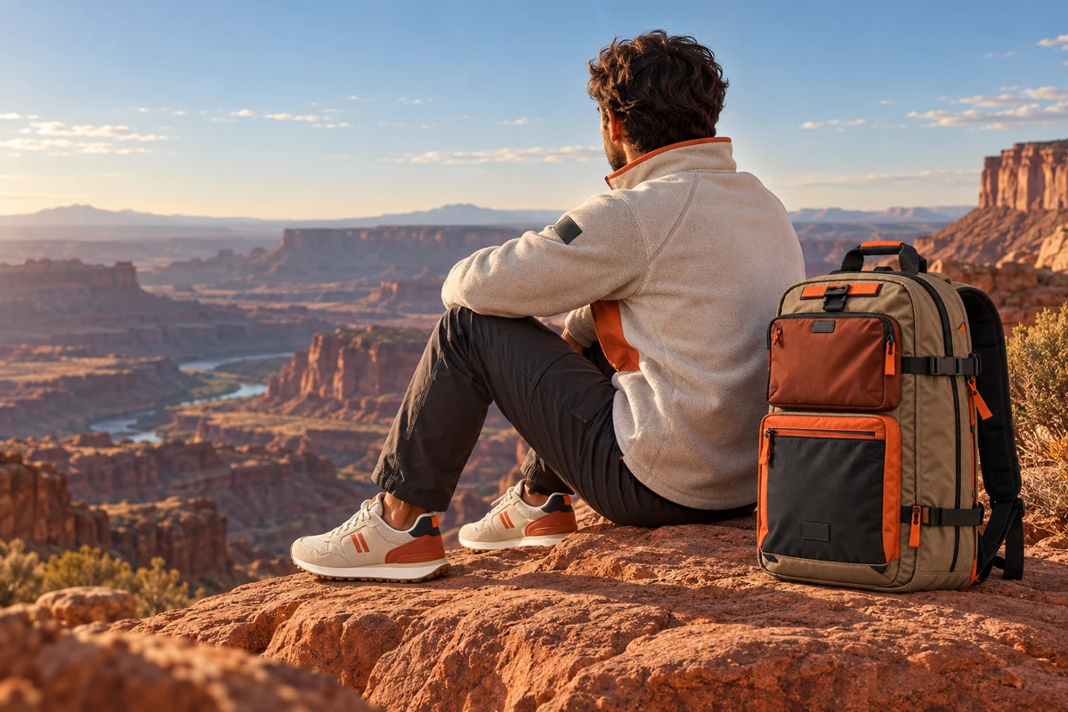 Person resting on a canyon overlook beside the Command Pack in the MARS colorway, concept render